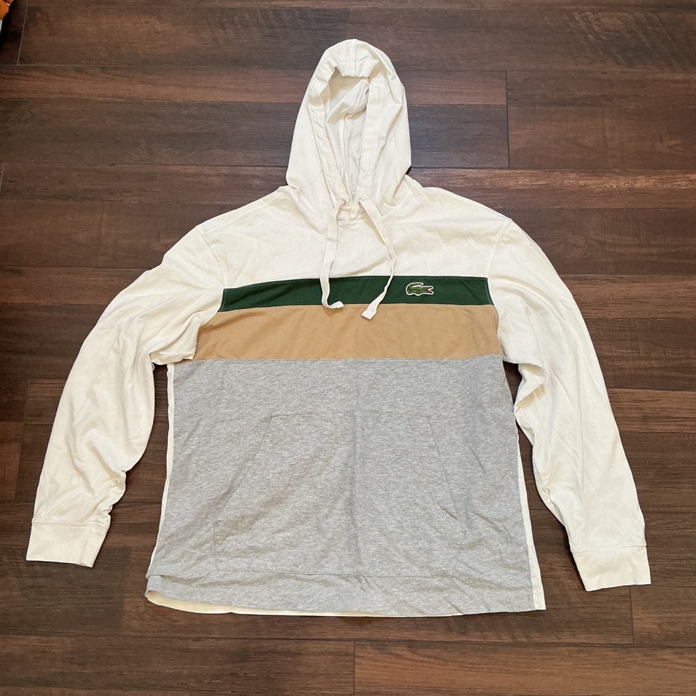 Lacoste Relaxed Fit Colorblock Hoodie White Green Tan Grey Logo Large L US FR 5